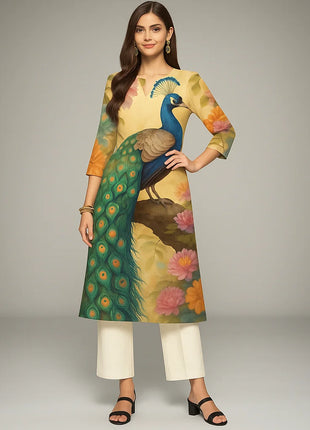 Muslim Women's Kurt Fashionable And Elegant Long Sleeved Straight Tube Casual Kurtta Peacock Pattern Kaftan Marroqui Mujer