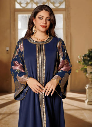 Siskakia Ramadan Muslim Women's Gold Stamping Petal Sleeve Abaya O-Neck Stripe Dubai Dresses For Women Gala