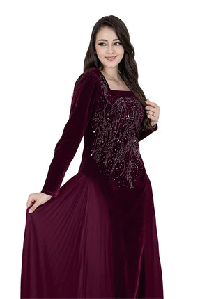 Women Dubai Arab Muslim Velvet Chiffon Splicing Diamond Evening Dress Jalabia Women's Clothing Abaya Robe
