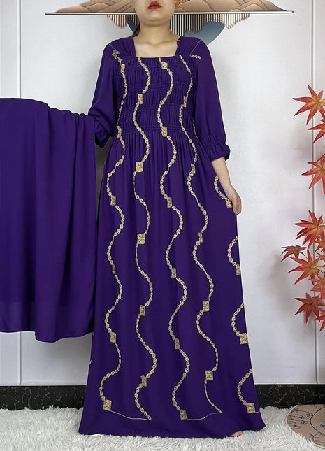 New African Abaya Women Elegant Dress Collect Waist Straight Cotton Embroider Dress Loose Caftan Femme Clothing Islamic Dresses