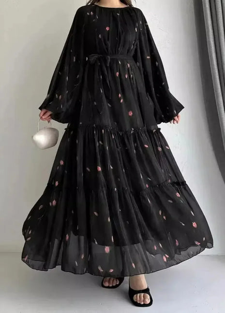 Eid Muslim Abaya Dress for Women Print Chiffon Sashes Jalabiya Kaftan Islam Vestidos Largo Arab Long Robe Ramadan Morocco Abayas