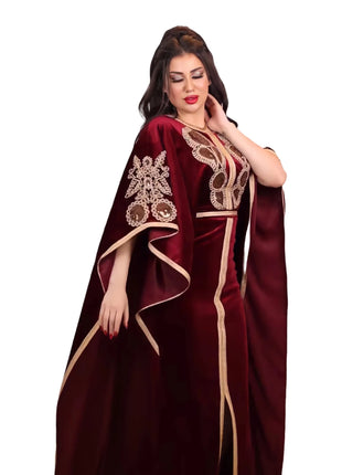 Ramadan Luxury Muslim Fashion Bat Sleeve Moroccan Turkiye Dubai Dress Middle East Arab Dress Sequins Golden Velvet Long Dress