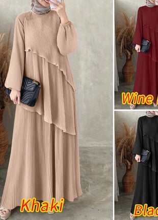 ZANZEA Patchwork Lantern Sleeve Abaya Robes Women Plisse Layered Elegant Maxi Dress Muslim Fashion Islamic Hijab Pleated Dress