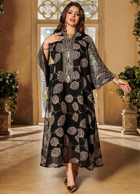 Muslim Women's Black Islamic Embroidered Abaya with Gold Detailing Ideal for Formal Occasions in Middle East like UAE and Saudi