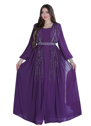 Women Long Loose Maxi Dress Muslim Dubai Women's Clothing Hot Diamond Belt Robe Dinner Dress
