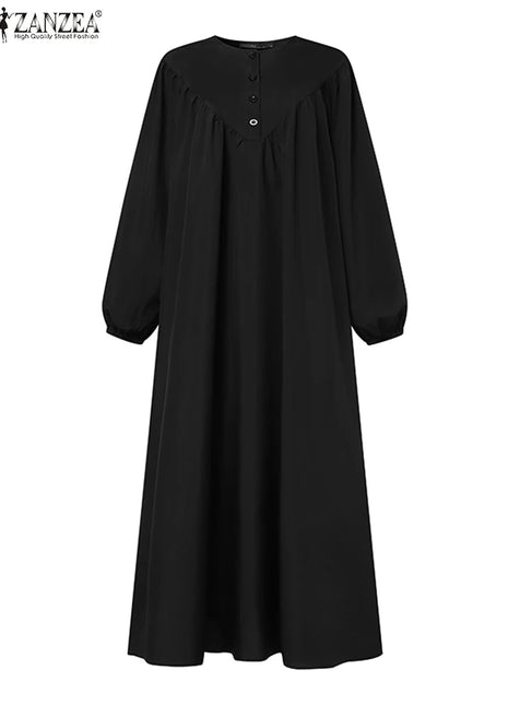 ZANZEA Solid Muslim Fashion Islamic Dress Women's Vintage Turkey Abaya Robe Long Sleeve Hijab O Neck Pleated Loose Kebaya 2025