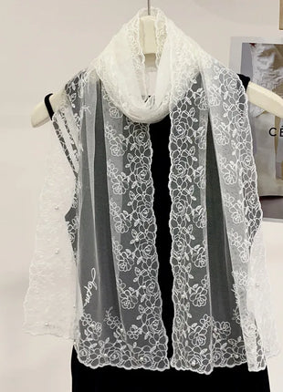 New Lace Beaded Silk Scarf Women's Spring and Autumn Thin Shawl Outer Decorative Scarf Yarn Versatile Tide