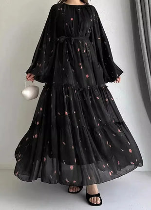 Eid Muslim Abaya Dress for Women Print Chiffon Sashes Jalabiya Kaftan Islam Vestidos Largo Arab Long Robe Ramadan Morocco Abayas
