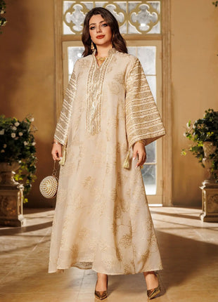 Muslim Women's Light Blue Islamic Embroidered Abaya with Gold Detailing Ideal for Formal Events in Middle East like UAE Saudi