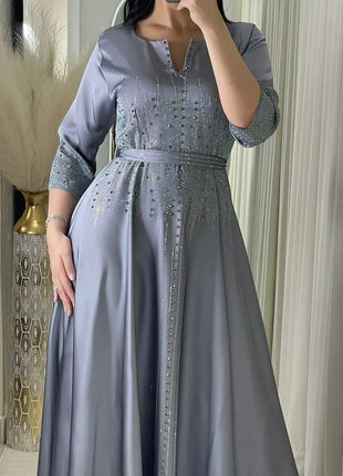 Muslim Satin Dress for Women Fashion Diamond Evening Dress Abaya Dubai Dinner Robe Muslim Dress Women Clothes for Muslim Women