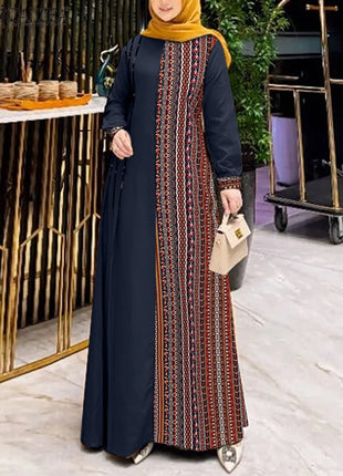 ZANZEA Women Ethnic Printed Panels Maxi Dress Long Sleeve Hijab O Neck Muslim Islamic Patchwork Vestidos Loose Casual Abaya Robe