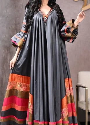 Vintage Printed Dress Women Breathable Loose Middle Eastern Robe Casual Long Sleeve Abaya V-neck Loose Muslim Abayas for Women