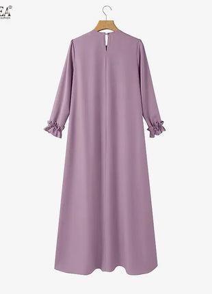 ZANZEA Women 2026 Spring O Neck Long Sleeve Dresses Elegant Muslim Abaya Dress Ramadan Robe Stylish Flounce Maxi Dresses Kaftan