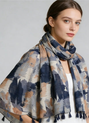 1Pc spring and autumn retro oil painting style ink smudge camouflage printing spring and summer wear scarf literary tassel shawl
