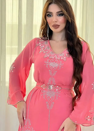 Women's Long Sleeve Polyester Abaya — Diamond Detail V-Neck Dress