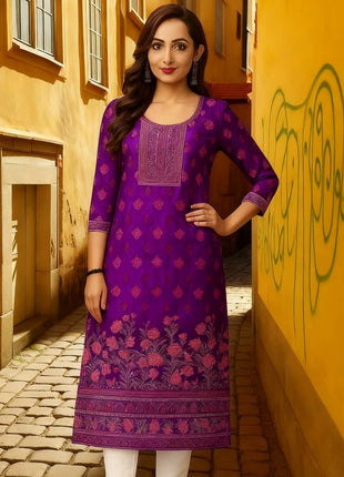 Muslim Women Kurt Casual Dress Slit hem Straight Casual Ethnic Peacock Mandarin Flowers Abito Donna Musulmana Muslim Kurtta