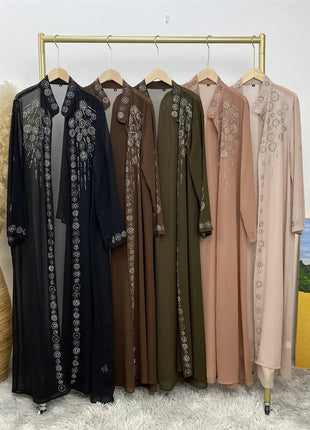 Diamond for Muslim Women Chiffon Open Cardigan Abaya Kimono Maxi Dress Turkey Dubai Arab Kaftan Eid Party Morocco Gowns Jalabiya