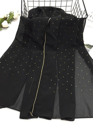 High Quality Rhinestone Chain Pearl Chiffon Long Scarf Hijabs Elegant Dubai Muslim Womens Party Wrapped Turban Shawls Headwear