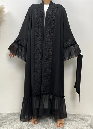 Fashion Lace Stitching Muslim Abaya Dubai Full Length Flare Sleeve Lace Abaya Dubai Turkey Muslim Islam Robe With Belt WY1391
