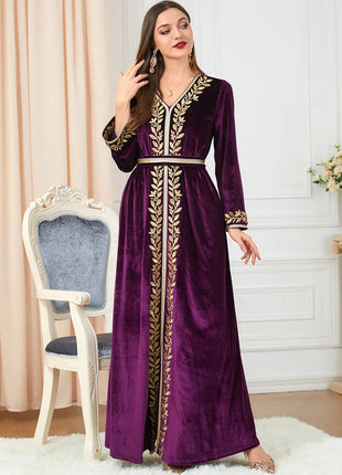 Ramadan Luxury Muslim Fashion Bat Sleeve Moroccan Turkiye Dubai Dress Middle East Arab Dress Sequins Golden Velvet Long Dress