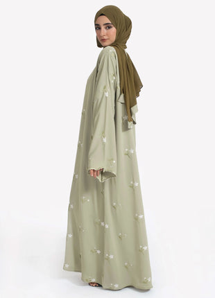 Stylish Muslim Islamic Abaya for Women Light Green Floral Embroidery Delicate Cuffs Ideal for UAE Saudi Arabia Qatar