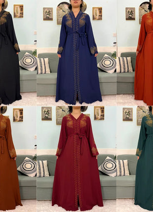 Muslim Chiffon Abayas For Women 2024 Dubai Islam Loose Fit  Femme Robe Long Sleeved Diamond Studded Solid Color With Belt Turban