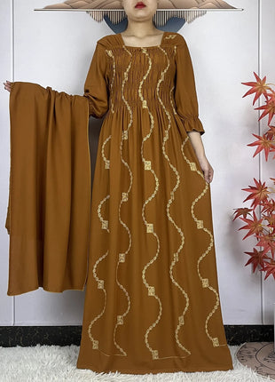 New African Abaya Women Elegant Dress Collect Waist Straight Cotton Embroider Dress Loose Caftan Femme Clothing Islamic Dresses