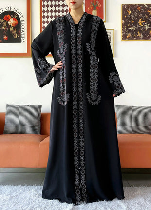 2025 Women Elegant Party Dress Chiffon Open Zipper Loose Abaya Muslim Women Dress Islamic Clothing Cardigan Abaya Muslim Dress