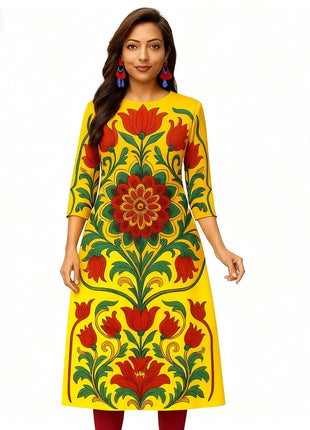Dress Kurtta Women Fashionable Straight Tube Casual Bright Slit hem Flowers Patterns Robe Arabe Robe Abito Donna Musulmana