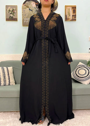 Muslim Chiffon Abayas For Women 2024 Dubai Islam Loose Fit  Femme Robe Long Sleeved Diamond Studded Solid Color With Belt Turban