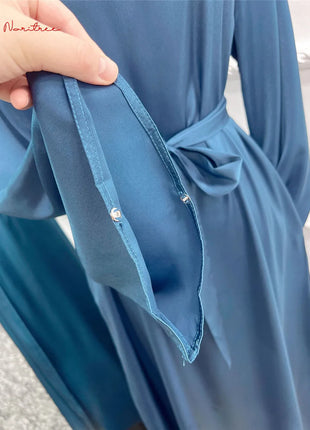 Fashion Sliky Djellaba Muslim Dress Dubai Full Length Flare Sleeved Soft Abaya Dubai Turkey Muslim Islam Robe WY921