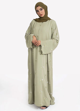 Stylish Muslim Islamic Abaya for Women Light Green Floral Embroidery Delicate Cuffs Ideal for UAE Saudi Arabia Qatar