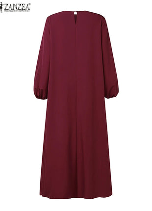 ZANZEA Women Color Block Patchwork Maxi Dress Fake Two-Piece Islamic O Neck Muslim Long Dresses Long Sleeve 2024 Fall Abaya Robe