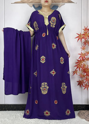 New African Abaya Women Elegant Dress Collect Waist Straight Cotton Embroider Dress Loose Caftan Femme Clothing Islamic Dresses