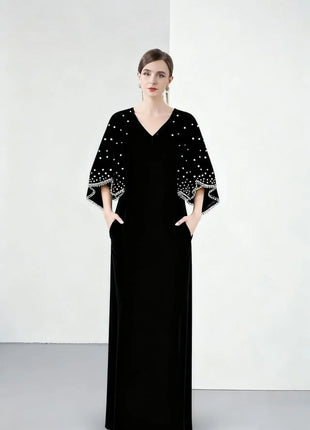 2026 French Style Women's Solid Color V-Neck Long Dress - Heavy Duty Beaded Velvet Elegant Fashionable Dress for Export
