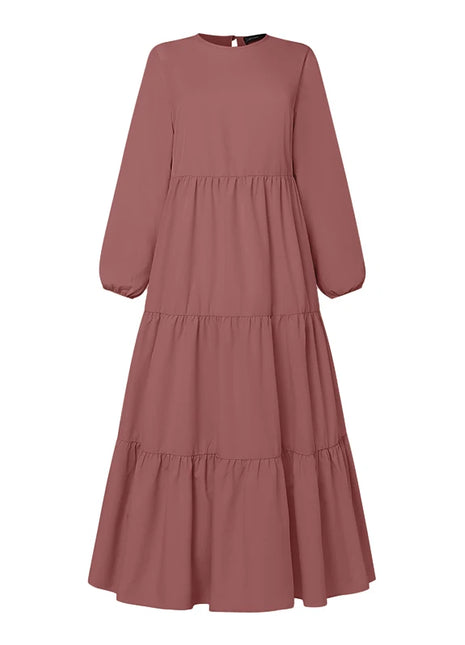 ZANZEA Muslim Fashion Tiered Long Dresses Women Islamic Hijab Style Casual Long Sleeve O Neck Maxi Vestidos Solid Abaya Robes