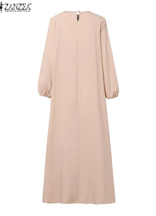 ZANZEA Patchwork Lantern Sleeve Abaya Robes Women Plisse Layered Elegant Maxi Dress Muslim Fashion Islamic Hijab Pleated Dress