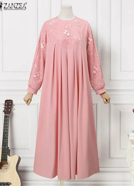 Autumn Muslim Fashion Long Dress ZANZEA Women Long Sleeve O Neck Vestidos Dubai Kaftan Maxi Sundress Robe  Elegant Lace Abaya