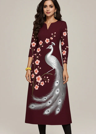 Muslim Kurt Women's Casual Fashion Dress National style Straight Tube Casual Ethnic Red Flower Kaftan Moroccan Women