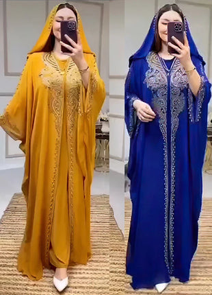 Eid Muslim Dress for Women Hooded Abaya 2 Piece Set Diamond Jalabiya Morocco Party Dresses Dubai Abayas Kaftan Vestido Long Robe