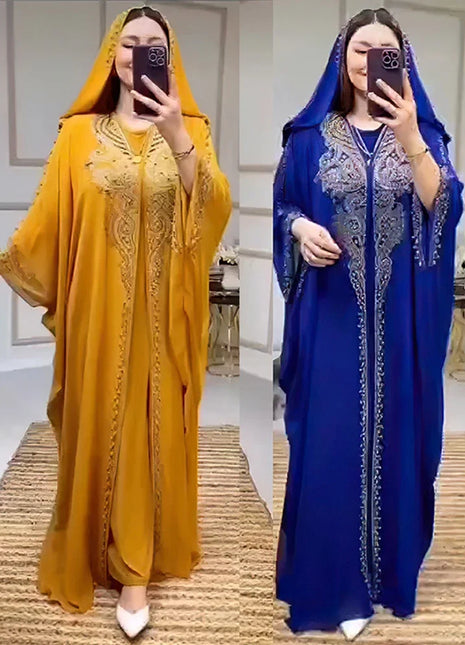 Eid Muslim Dress for Women Hooded Abaya 2 Piece Set Diamond Jalabiya Morocco Party Dresses Dubai Abayas Kaftan Vestido Long Robe