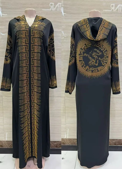 Dress Length:148cm Bust:120cm  2025 New Fashion Hooded dresses rhinestone  Dashiki Women Long Blouse Yomadou Color Pattern