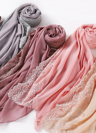 Women Hijabs Muslim Scarf Summer New Pearl Chiffon Lace Solid Color Lady Head Scarf Malaysia Tourism Shawl Turban Wrap Wholesale