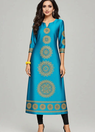 Muslim 2026 Dress Kurt Women's Fashionable And Elegant Long Sleeved Straight Tube Casual Round Neck Colorful Pattern Noble Skirt