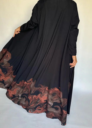 Middle Eastern Loose Open Front Abaya Muslim Women Full Sleeve Printed Abayas Turkey Kaftans Jilbabs Islamic Maxi Dresses