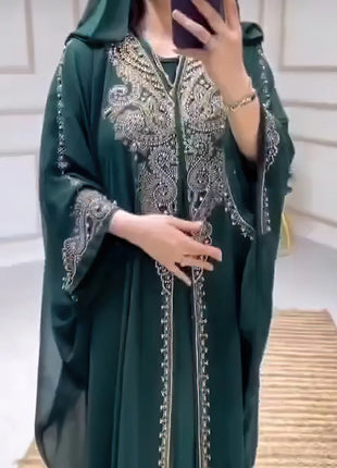 Eid Muslim Dress for Women Hooded Abaya 2 Piece Set Diamond Jalabiya Morocco Party Dresses Dubai Abayas Kaftan Vestido Long Robe