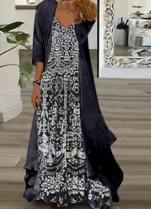 Independent Stand Floral Print Women's Dress Two-Piece Set Short Sleeve Ankle-Length Polyester Fiber Regular Waist Line