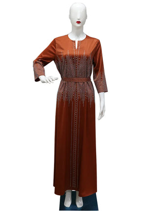 Muslim Satin Dress for Women Fashion Diamond Evening Dress Abaya Dubai Dinner Robe Muslim Dress Women Clothes for Muslim Women