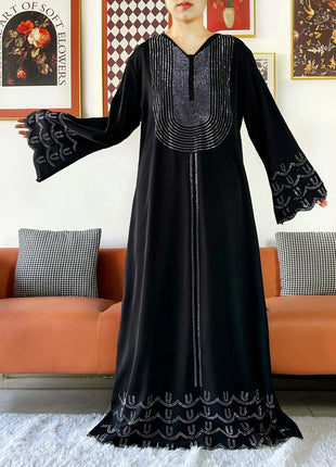 New 2025 Dubai Diamonds Muslim Women Modest Dress Elegant Arabic Femme Hijab Long Sleeve Chiffon Abaya Islamic Turkey Clothing