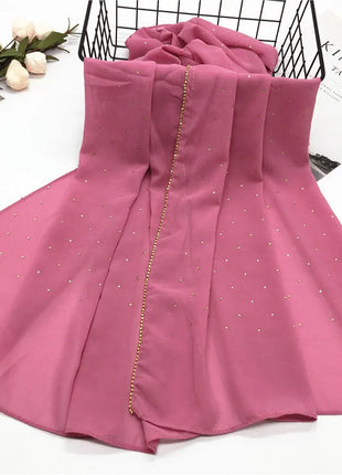 High Quality Rhinestone Chain Pearl Chiffon Long Scarf Hijabs Elegant Dubai Muslim Womens Party Wrapped Turban Shawls Headwear